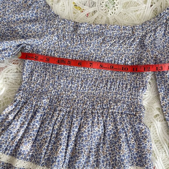 Japna Cottagecore Long-Sleeve Floral Smocked Dress Blue & White - XS - Picture 9 of 11